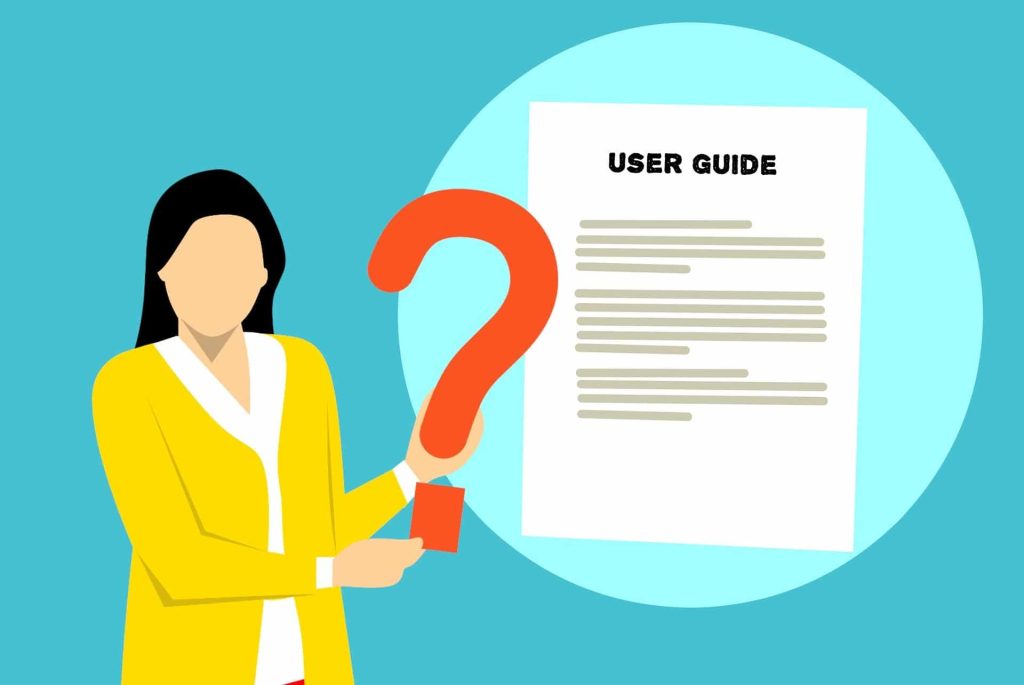 vector graphic of a woman holding a large red question mark in front of a depiction of a user guide or instruction manual